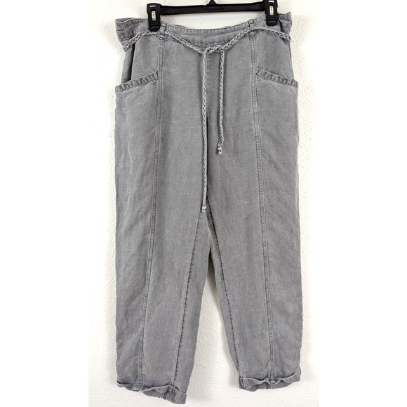 C&C California sz L Linen blend Pants gray braided belt has cuffs beachy 1850 - Picture 1 of 7